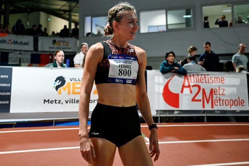 Netherlands' athlete Femke Bol reacts after winning the women's 800m final during the Athlelor indoor meeting at L'Anneau athletics hall in Metz on February 8, 2026.  On October 10, 2025, Femke Bol announced her retirement from the 400-meter hurdles, the event in which she is a two-time world champion. The 25-year-old athlete then announced her intention to focus on the 800 meters. Jean-Christophe VERHAEGEN / AFP