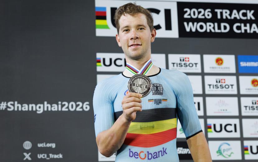 Belgian Fabio Van den Bossche winner of the silver medal pictured on the podium of  the Men's omnium event at the UCI Track Cycling World Championships in Shanghai, China on Saturday 17 October 2026. The worlds are taking place from 14 to 18 October 2026. BELGA PHOTO BENOIT DOPPAGNE