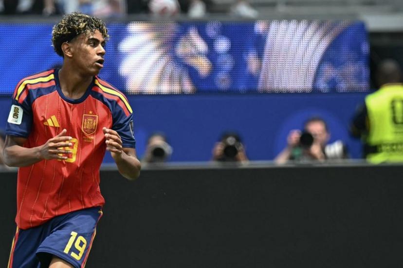 Spain's forward #19 Lamine Yamal reacts during the 2026 World Cup football tournament quarter-final match between Spain and Belgium at the Los Angeles Stadium in Inglewood on July 10, 2026.   Paul ELLIS / AFP