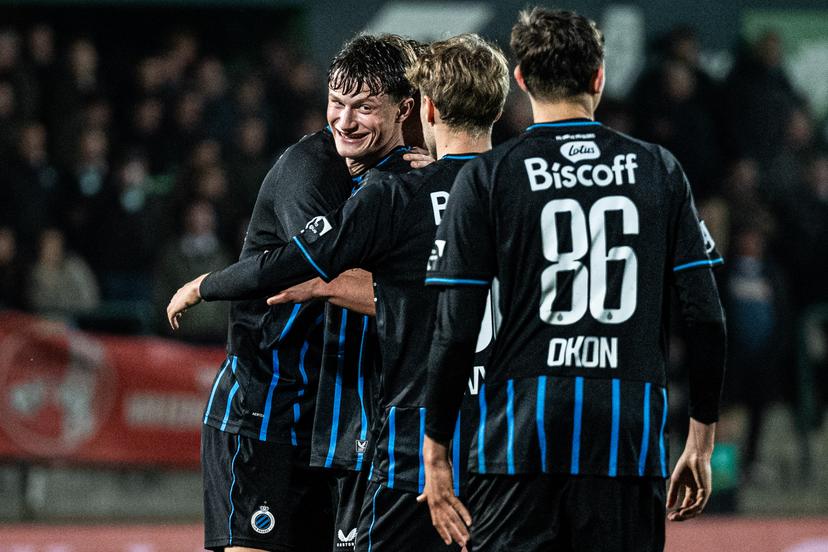 Club's Laurens Goemaere celebrates after winning a soccer game between Lommel SK and Club NXT, Saturday 11 April 2026 in Lommel, on day 33 (out of 34) of the 2025-2026 'Challenger Pro League' 1B second division of the Belgian championship. BELGA PHOTO EMILE WINDAL