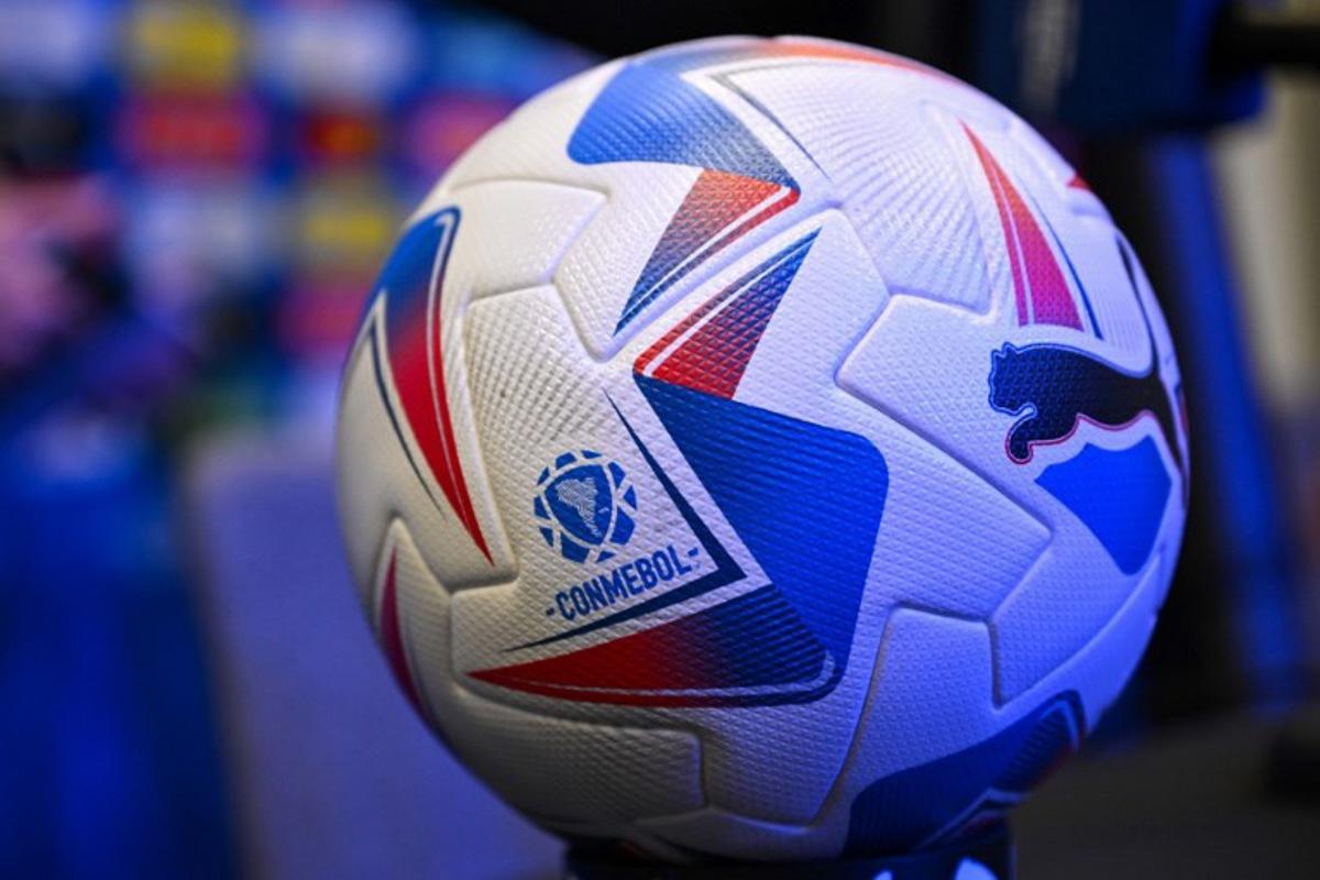 The Puma SE logo is displayed on a Conmebol football after a press conference ahead of the Conmebol 2024 Copa America tournament group D football match between Brazil and Costa Rica at SoFi Stadium in Inglewood, California on June 23, 2024.  Patrick T. Fallon / AFP