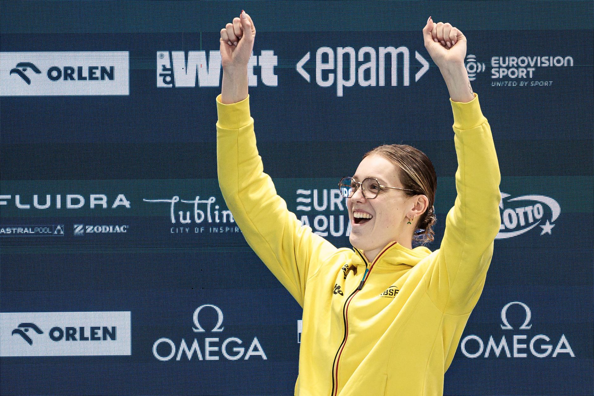 Florine Gaspard of Belgium celebrates after Women's 50m Breaststroke Final at the European Aquatics Short Course Swimming Championships in Lublin, Poland, on Sunday 07 December 2025. BELGA PHOTO NIKOLA KRSTIC