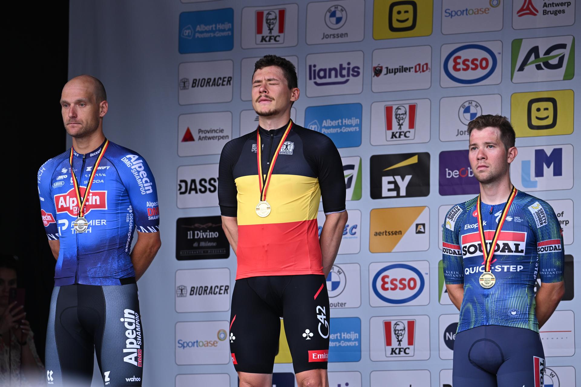 Belgian Jonas Rickaert of Alpecin-Premier Tech, Belgian Rune Herregodts of UAE Team Emirates-XRG and Belgian Fabio Van den Bossche of Soudal Quick-Step pictured on the podium after the men's elite race (240km) at the Belgian Cycling Championships, from Antwerp to Brasschaat on Sunday 28 June 2026. BELGA PHOTO POOL MAARTEN STRAETEMANS