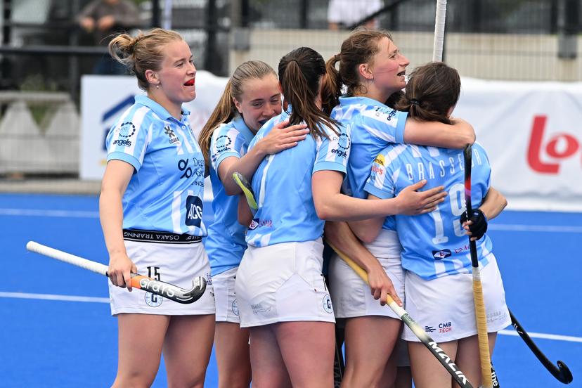 Gantoise's Stephanie Vanden Borre celebrates after scoring during a hockey game between Gantoise and Waterloo Ducks, Sunday 03 May 2026 in Gent, in the Final of the Dr. Oetker Hockey Cup 2025-2026 tournament. BELGA PHOTO JILL DELSAUX