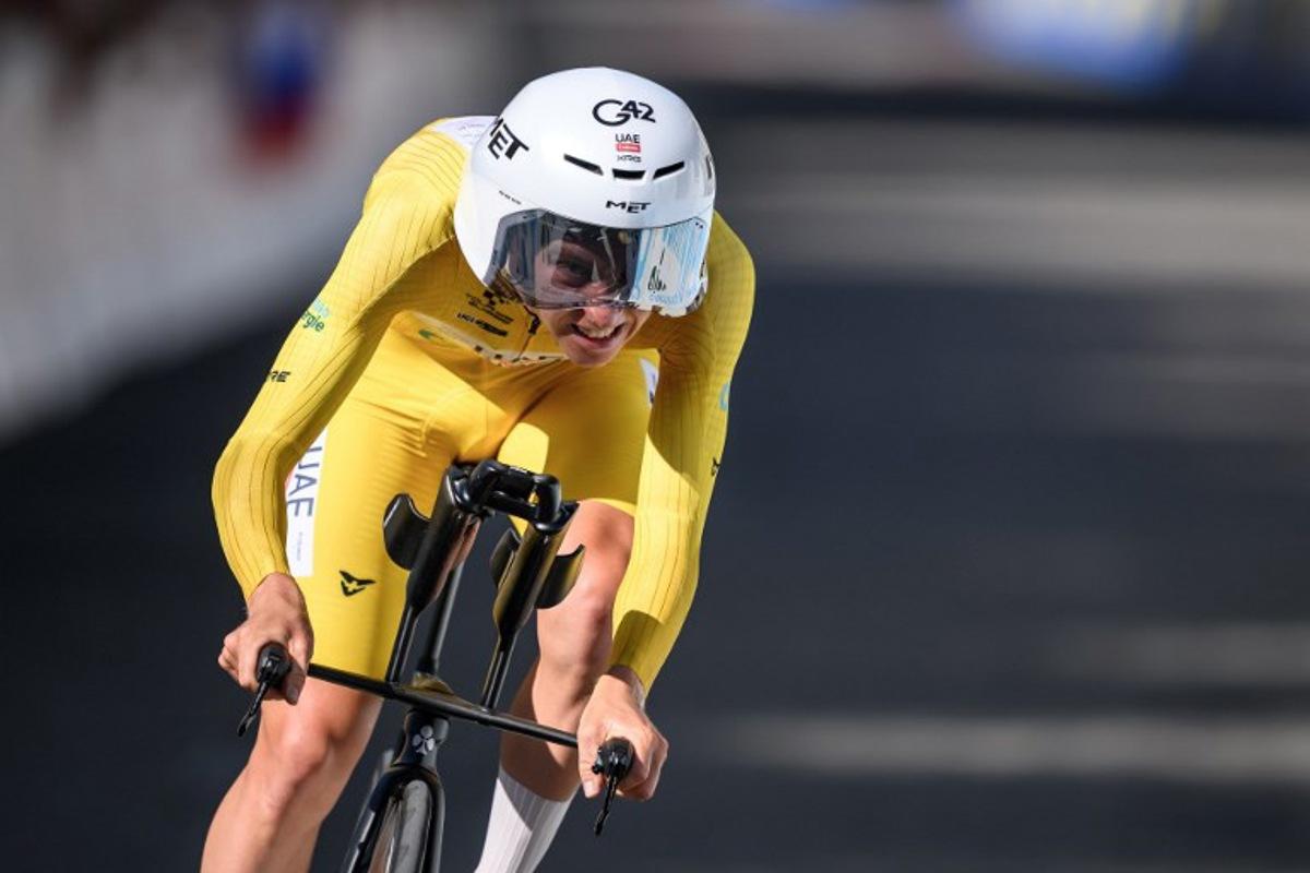 UAE Team Emirates-XRG's Slovenian rider Tadej Pogacar competes during the fourth stage, a 23.7 km time trial from Aarburg to Aarburg, at the Men's Tour of Switzerland (Tour de Suisse) cycling race in Aarburg, Switzerland, on June 20, 2026.  Fabrice COFFRINI / AFP