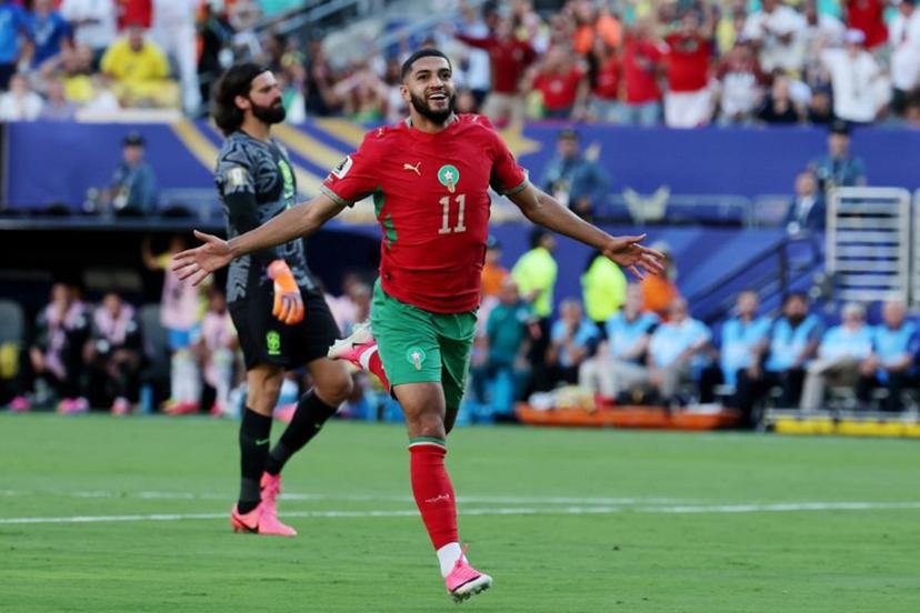 Morocco's midfielder #11 Ismael Saibari celebrates scoring his team's first goal during the 2026 World Cup Group C football match between Brazil and Morocco at the New York/New Jersey Stadium in East Rutherford on June 13, 2026.  TIMOTHY A. CLARY / AFP