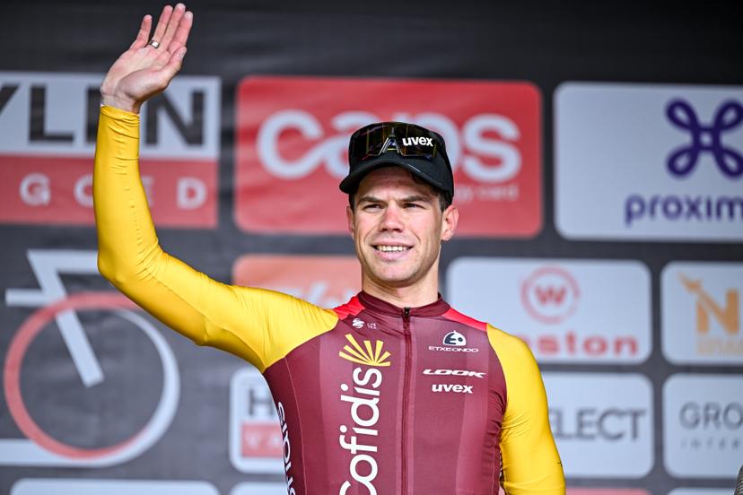 Belgian Milan Fretin of Cofidis pictured on the podium after the 'Heistse Pijl' cycling race, Saturday 06 June 2026 in Heist-Op-Den-Berg. BELGA PHOTO DAVID PINTENS