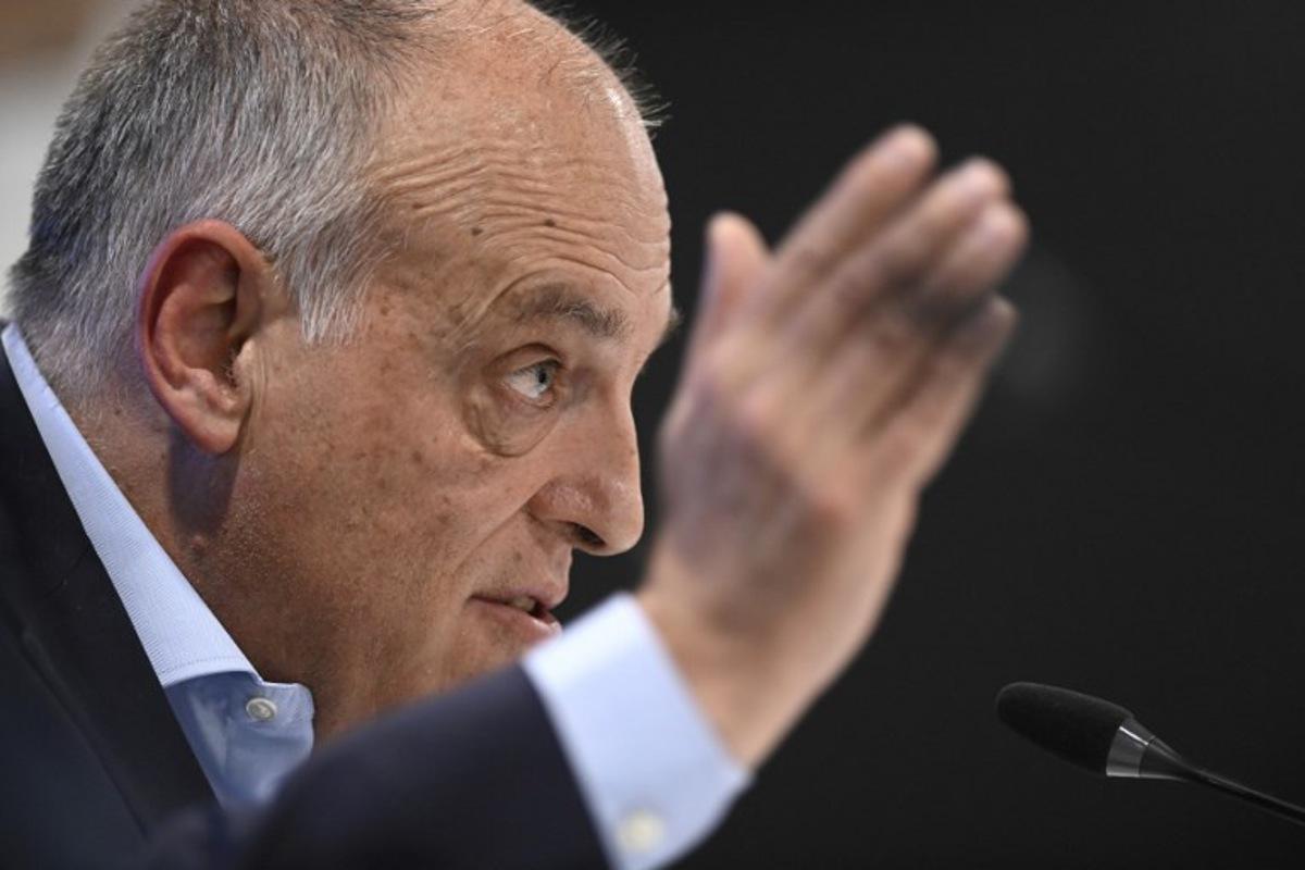The president of the Spanish football league 'La Liga' Javier Tebas gestures as he gives a press conference in Madrid on May 25, 2023 amid an international outcry after racist abuse was hurled at Real Madrid's Brazilian forward Vinicius Junior during a Spanish league match. The 22-year-old Brazilian forward drew international support after making a stand against the last racist abuse he received from Valencia supporters on May 21.  OSCAR DEL POZO / AFP