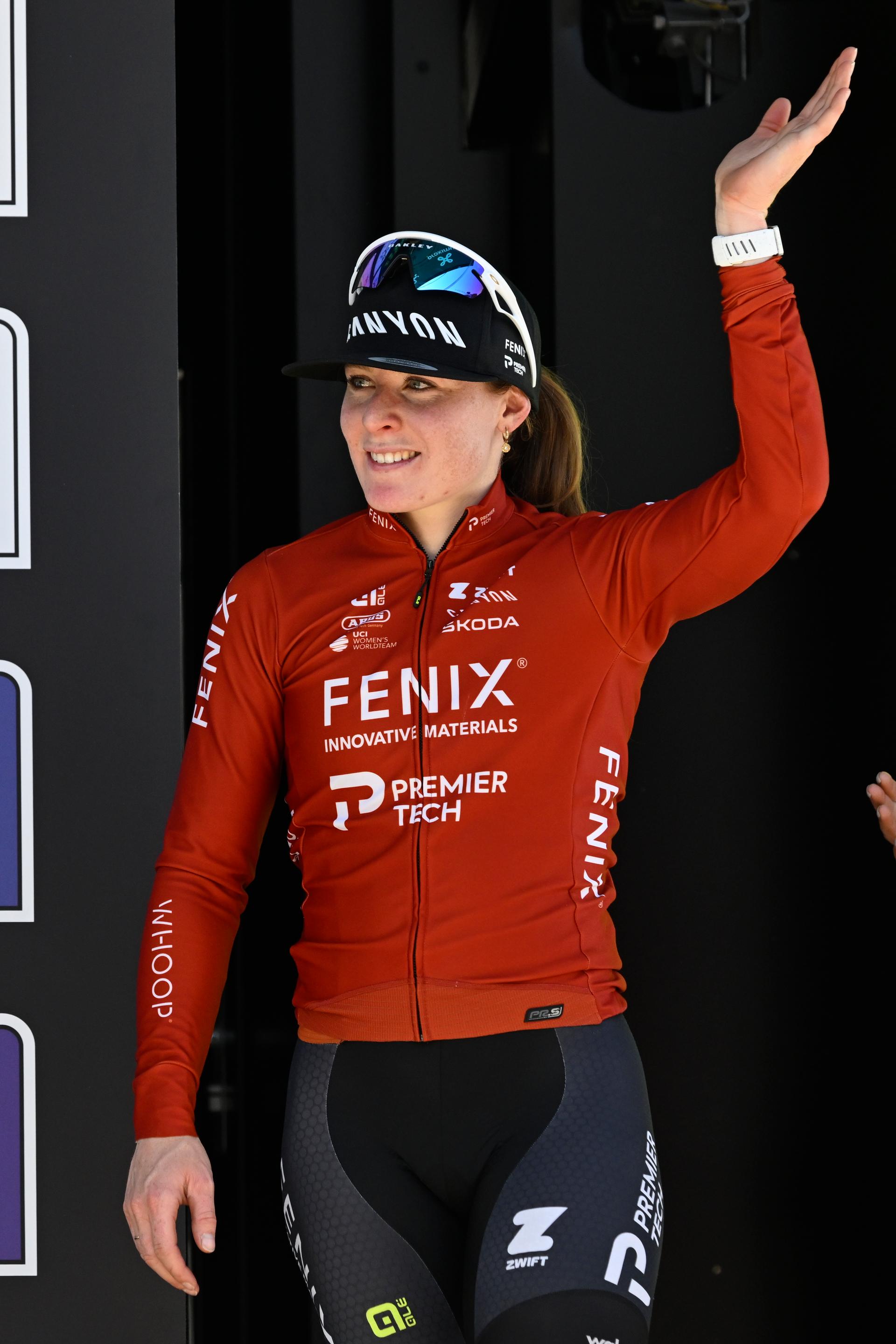 Dutch Charlotte Kool of Fenix-Premier Tech celebrates on the podium after winning the women's race of the 'Scheldeprijs' one day cycling event, 130,3km from and to Schoten on Wednesday 08 April 2026. BELGA PHOTO TOM GOYVAERTS