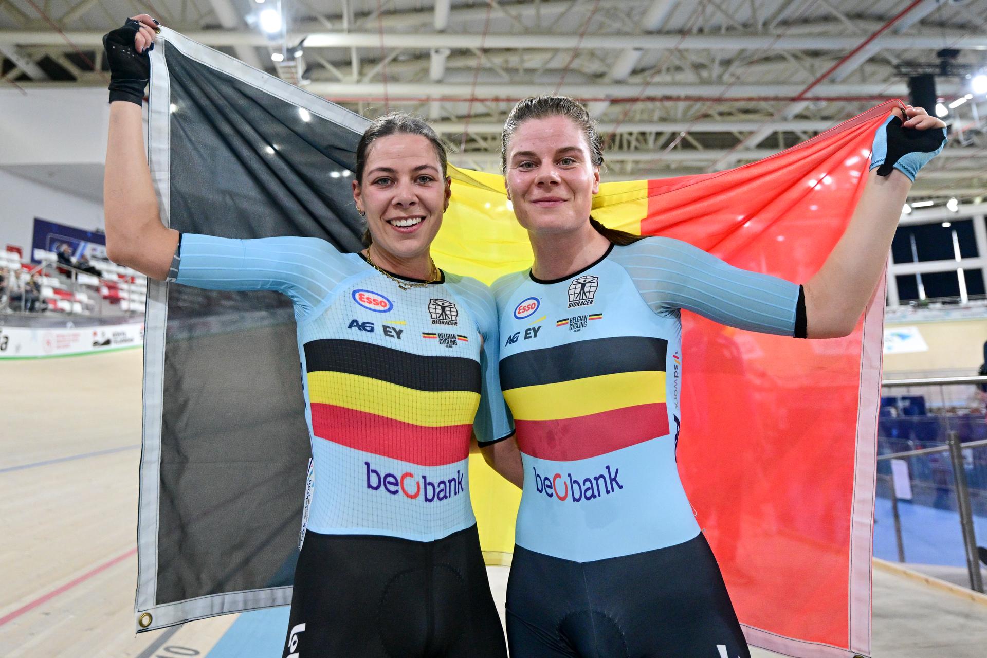 Belgian Shari Bossuyt and Belgian Lotte Kopecky pictured in action during the women's Madison final at the fifth and last day of the 2026 UEC Track Elite European Championships, in Konya, Turkey, Thursday 05 February 2026. The European Championships take place from 01 to 05 February 2026. BELGA PHOTO DIRK WAEM