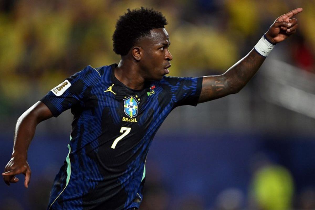 Brazil's forward #07 Vinicius Junior celebrates scoring his team's third goal during the 2026 World Cup Group C football match between Brazil and Haiti at the Philadelphia Stadium in Philadelphia on June 19, 2026.   Mauro PIMENTEL / AFP