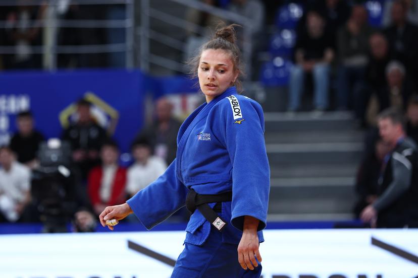 Mina Libeer of Belgium (blue) reacts during a round 32 fight in the Women -57kg, at the European Championships judo in Tbilisi, Georgia, on Friday 17 April 2026. BELGA PHOTO NIKOLA KRISTC