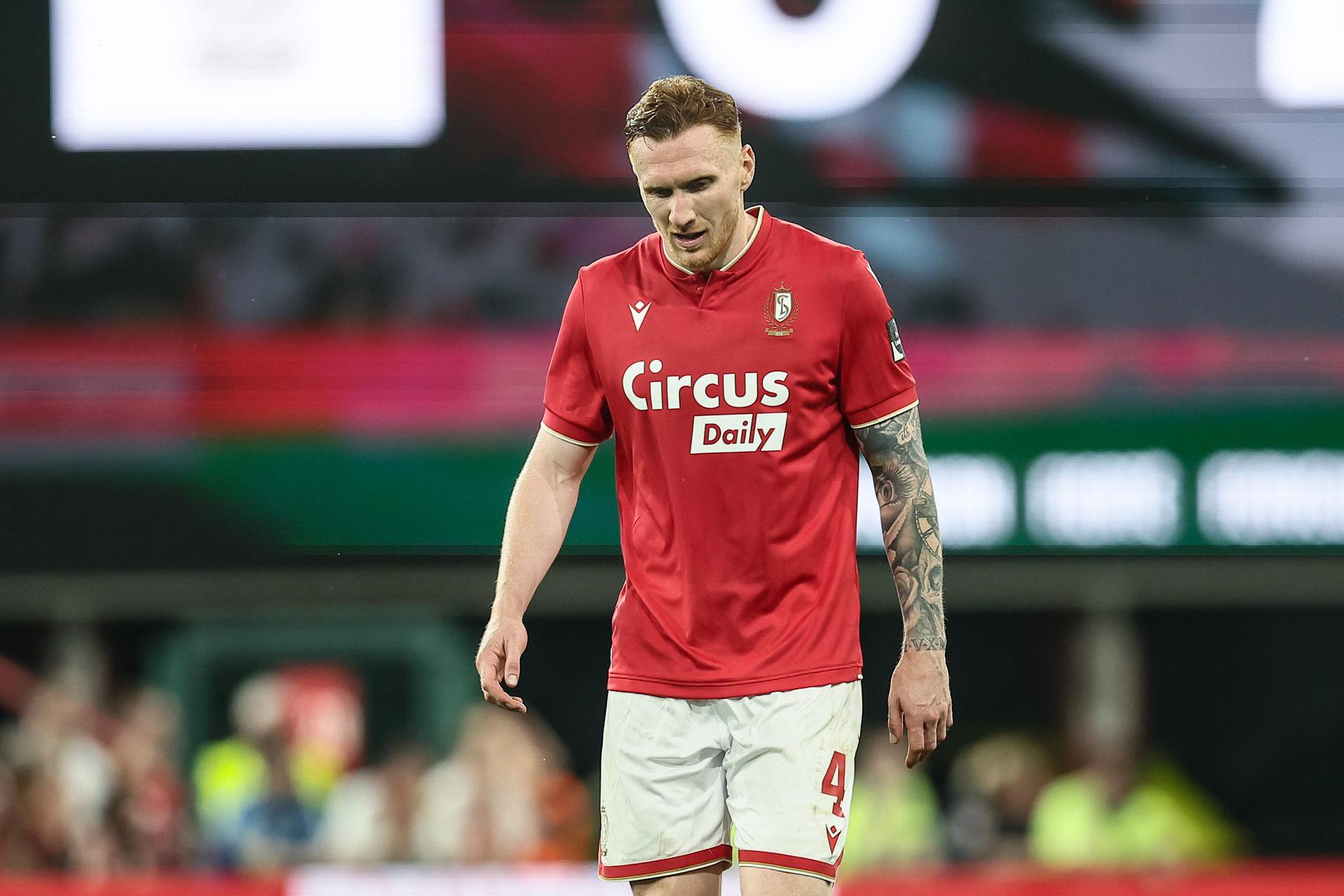 Standard's David Bates looks dejected after a soccer match between Standard de Liege and Sporting Charleroi, Saturday 23 May 2026 in Liege, on the last day of the Europe Play-offs of the 2025-2026 'Jupiler Pro League' first division of the Belgian championship. BELGA PHOTO BRUNO FAHY