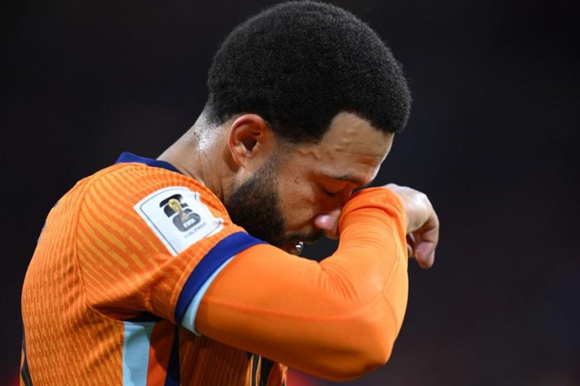 Netherlands' forward #10 Memphis Depay reacts during the FIFA World Cup 2026 Group G qualification football match between Netherlands and Finland, at the Johan Cruyff Arena in Amsterdam, on October 12, 2025.  JOHN THYS / AFP
