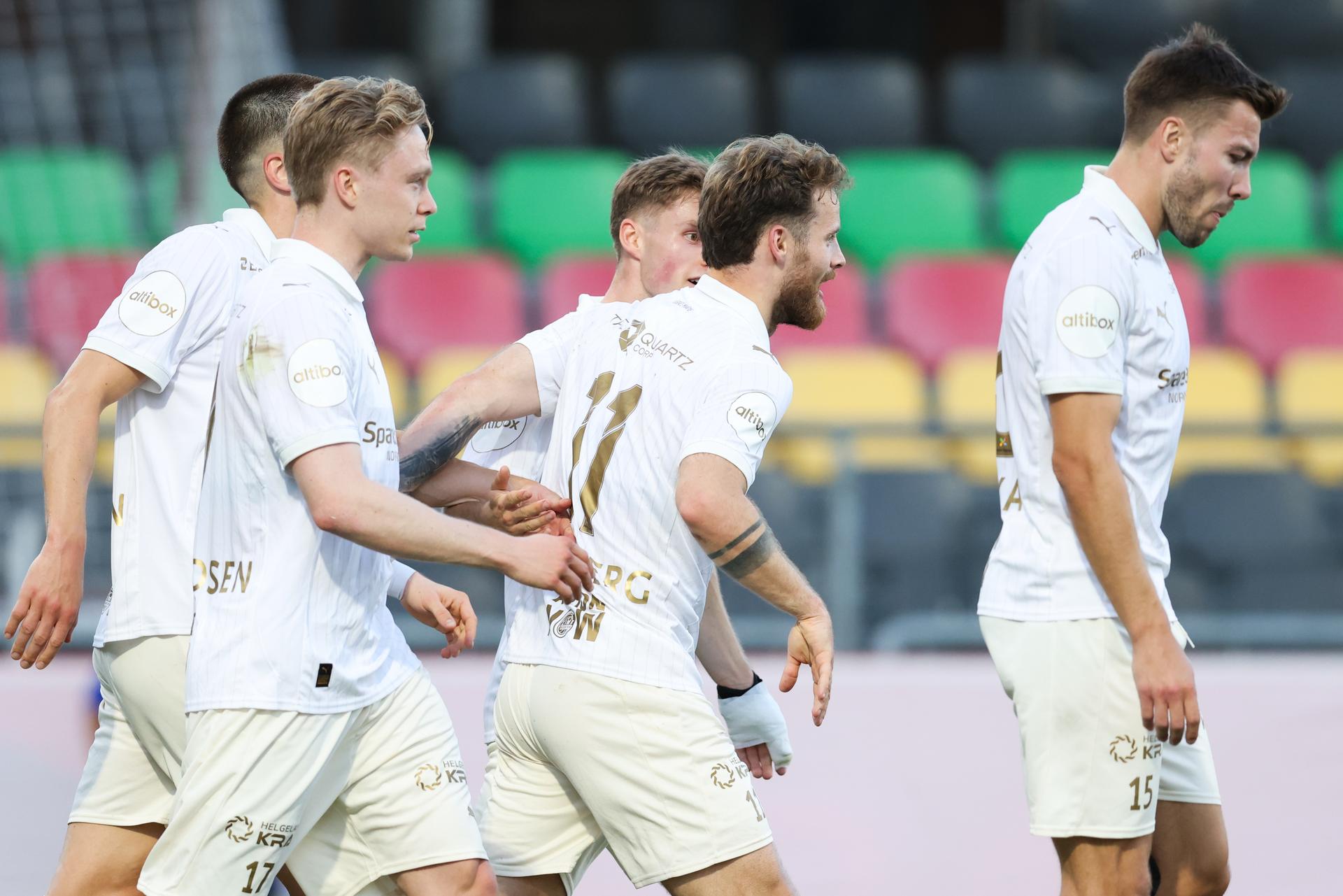 Bodo/Glimt's Ole Didrik Blomberg celebrates after scoring during a soccer game between Belgian Royale Union Saint-Gilloise and Norwegian Bodo/Glimt, Tuesday 04 August 2026 in Oostende, in the first leg of the third qualifying round for the UEFA Champions League. BELGA PHOTO BRUNO FAHY