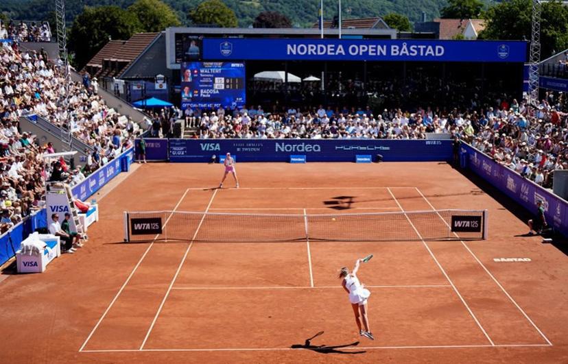 Switzerland's Simona Waltert (back) plays against Spain's Paula Badosa during the women's singles final match at the WTA Nordea Open tennis tournament at the Centre Court in Bastad, Sweden on July 11, 2026.  Bjorn LARSSON ROSVALL / TT News Agency / AFP