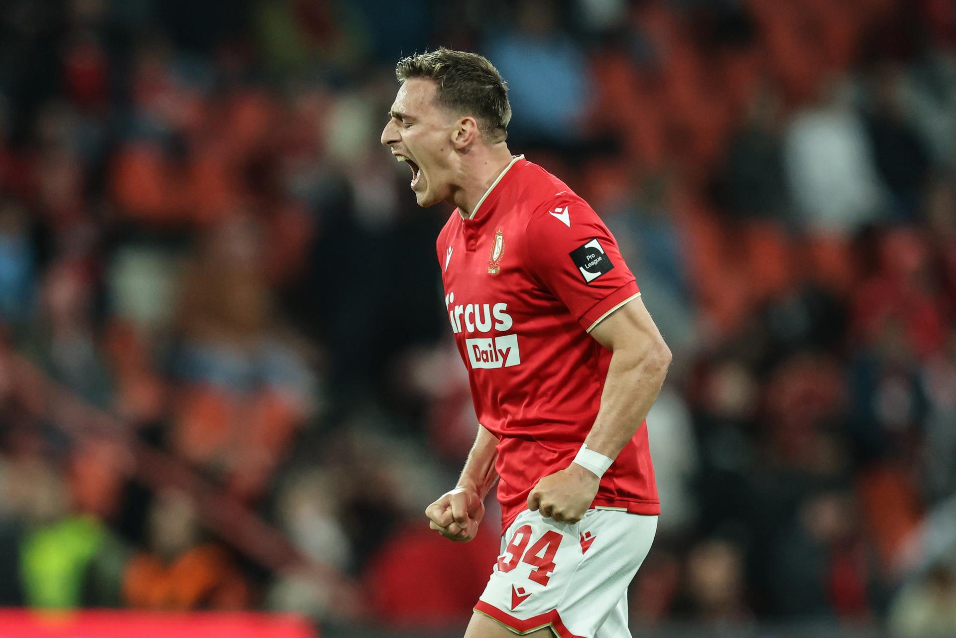 Standard's Casper Nielsen celebrates after scoring during a soccer match between Standard de Liege and Oud-Heverlee Leuven, Friday 08 May 2026 in Liege, on the seventh day of the Europe Play-offs of the 2025-2026 'Jupiler Pro League' first division of the Belgian championship. BELGA PHOTO BRUNO FAHY