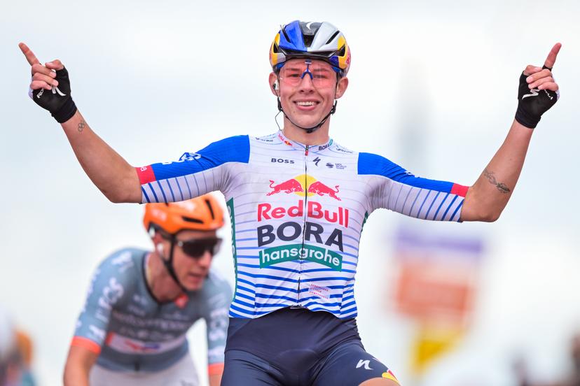 New Zealander Laurence Pithie of Red Bull-BORA-hansgrohe celebrates as he crosses the finish line to win the third stage of the Tour De Wallonie cycling race, from Habay to Vaux-sur-Sûre (176,9 km), on Wednesday 03 June 2026. BELGA PHOTO DAVID PINTENS