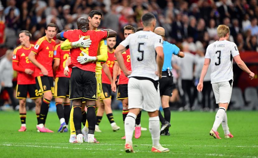 Belgium's Romelu Lukaku and Belgium's goalkeeper Thibaut Courtois celebrate after winning a soccer game between Belgian national team Red Devils and New Zealand, on Friday 26 June 2026, at the BC Place Vancouver stadium in Vancouver, Canada, the third game in the group stage of the FIFA World Cup 2026. The Diables Rouges - Rode Duivels were drawn into Group G. BELGA PHOTO DIRK WAEM