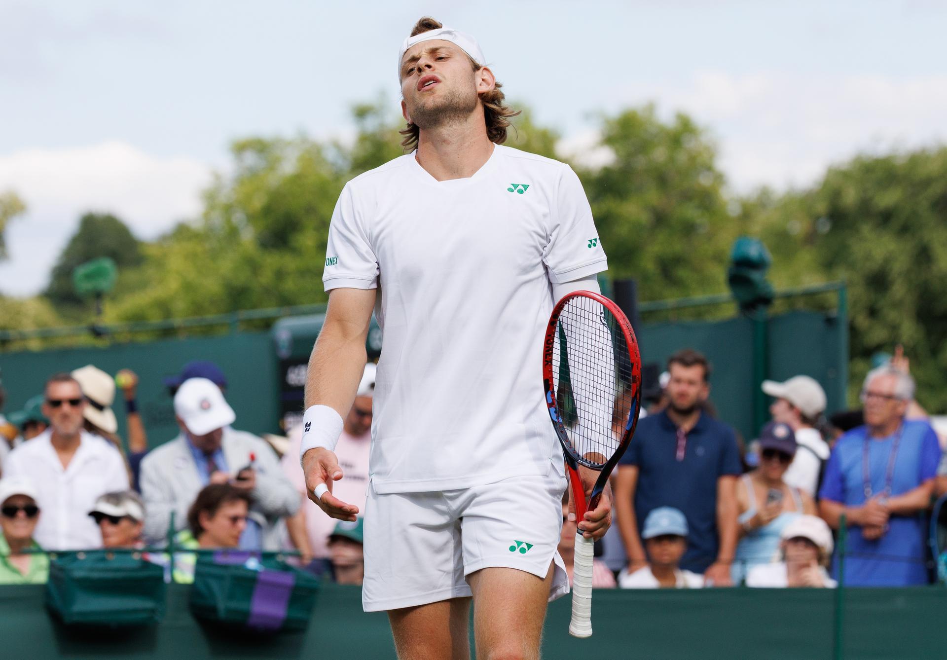 Belgian Zizou Bergs reacts during a doubles tennis match between French pair Doumbia-Reboul and Belgian-Canadian pair Bergs-Diallo, in the first round of the men's doubles at the 2025 Wimbledon grand slam tournament, Thursday 03 July 2025 at the All England Tennis Club, in South-West London, Britain. BELGA PHOTO BENOIT DOPPAGNE