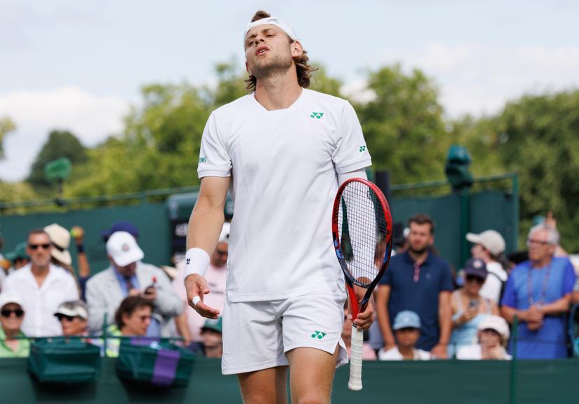 Belgian Zizou Bergs reacts during a doubles tennis match between French pair Doumbia-Reboul and Belgian-Canadian pair Bergs-Diallo, in the first round of the men's doubles at the 2025 Wimbledon grand slam tournament, Thursday 03 July 2025 at the All England Tennis Club, in South-West London, Britain. BELGA PHOTO BENOIT DOPPAGNE