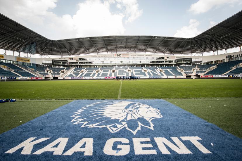 20150522 - GENT, BELGIUM: Illustration picture shows Gent's logo on the field during a training session at the Ghelamco Arena as KAA Gent became champion for the first time after winning Yesterday the Jupiler Pro League match between KAA Gent and Standard de Liege, Friday 22 May 2015 in Gent, on the ninth day of the Play-off 1. BELGA PHOTO JASPER JACOBS