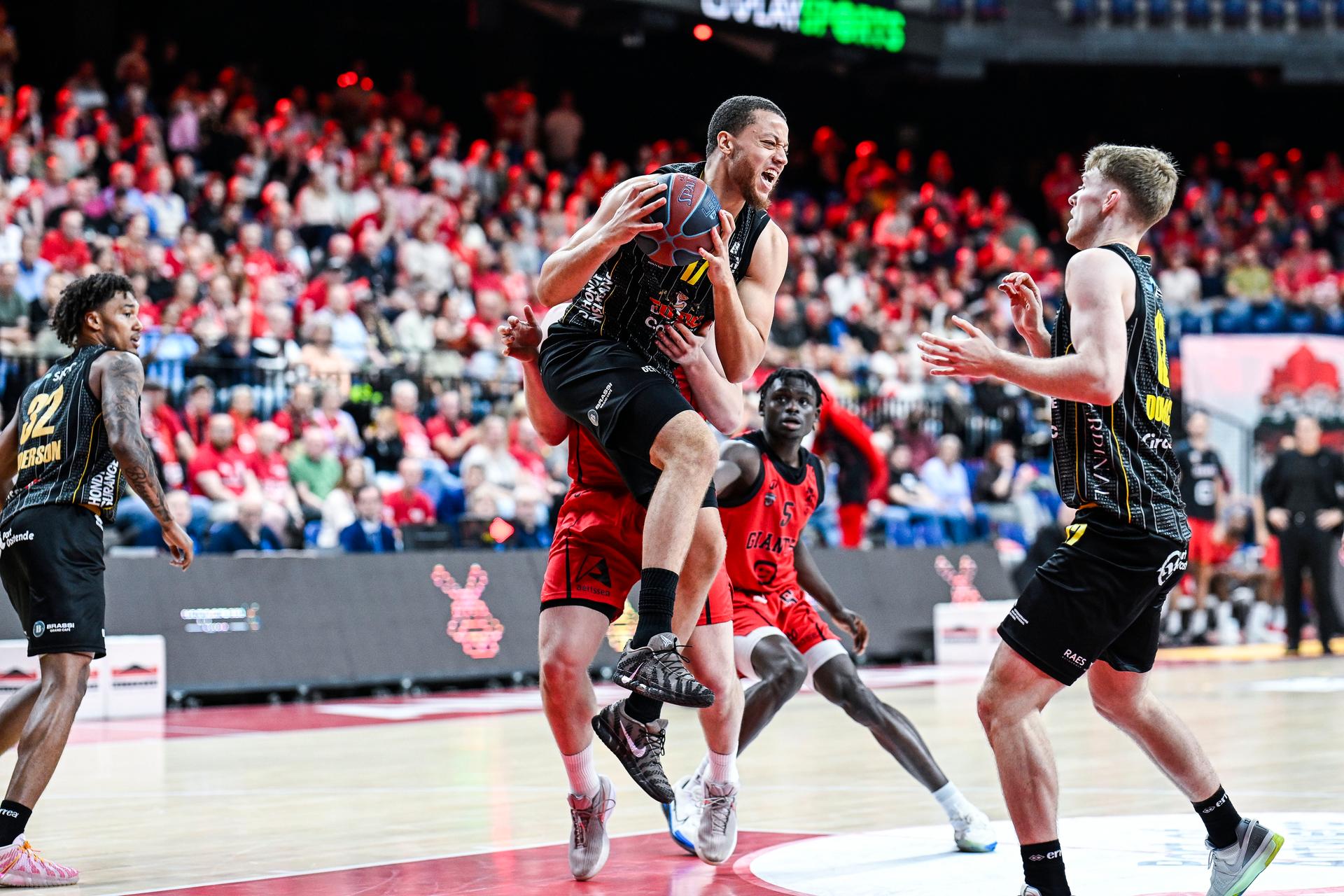 Oostende's Moussa Sylla pictured in action during a basketball match between Antwerp Giants and BC Oostende, Thursday 04 June 2026, in Antwerp, on the first round (out of 5) of the Final of the Playoffs of the 'BNXT League' Belgian/ Dutch first division basket championship. BELGA PHOTO TOM GOYVAERTS