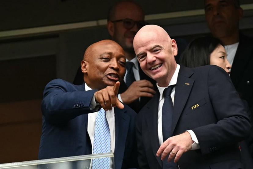 Confederation of African Football (CAF) President Patrice Motsepe (L) points out as he talks with FIFA President Gianni Infantino (R) ahead of the 2026 World Cup round of 16 football match between Canada and Morocco at the Houston Stadium in Houston on July 4, 2026.   Paul ELLIS / AFP