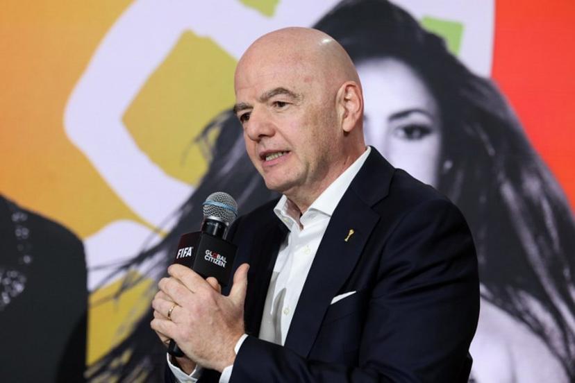 FIFA President Gianni Infantino speaks on stage for the 2026 World Cup halftime show announcement during the Global Citizen and FIFA World Cup panel at the Global Citizen NOW event in New York City on May 14, 2026.  CHARLY TRIBALLEAU / AFP