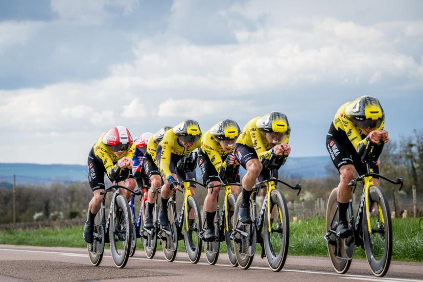 Team Visma-Lease a Bike riders pictured in action during the third stage of 84th edition of the Paris-Nice cycling race, a team time trial from Cosne-Cours-sur-Loire to Pouilly-sur-Loire (23,5 km), on Tuesday 10 March 2026. BELGA PHOTO DAVID PINTENS
