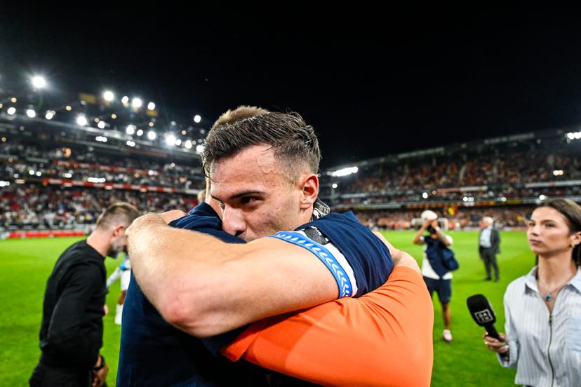 Club's Aleksandar Stankovic celebrates after winning the title at a soccer match between KV Mechelen and Club Brugge KV, Thursday 21 May 2026 in Mechelen, on the ninth day of the Champion's Play-offs of the 2025-2026 'Jupiler Pro League' first division of the Belgian championship. BELGA PHOTO TOM GOYVAERTS