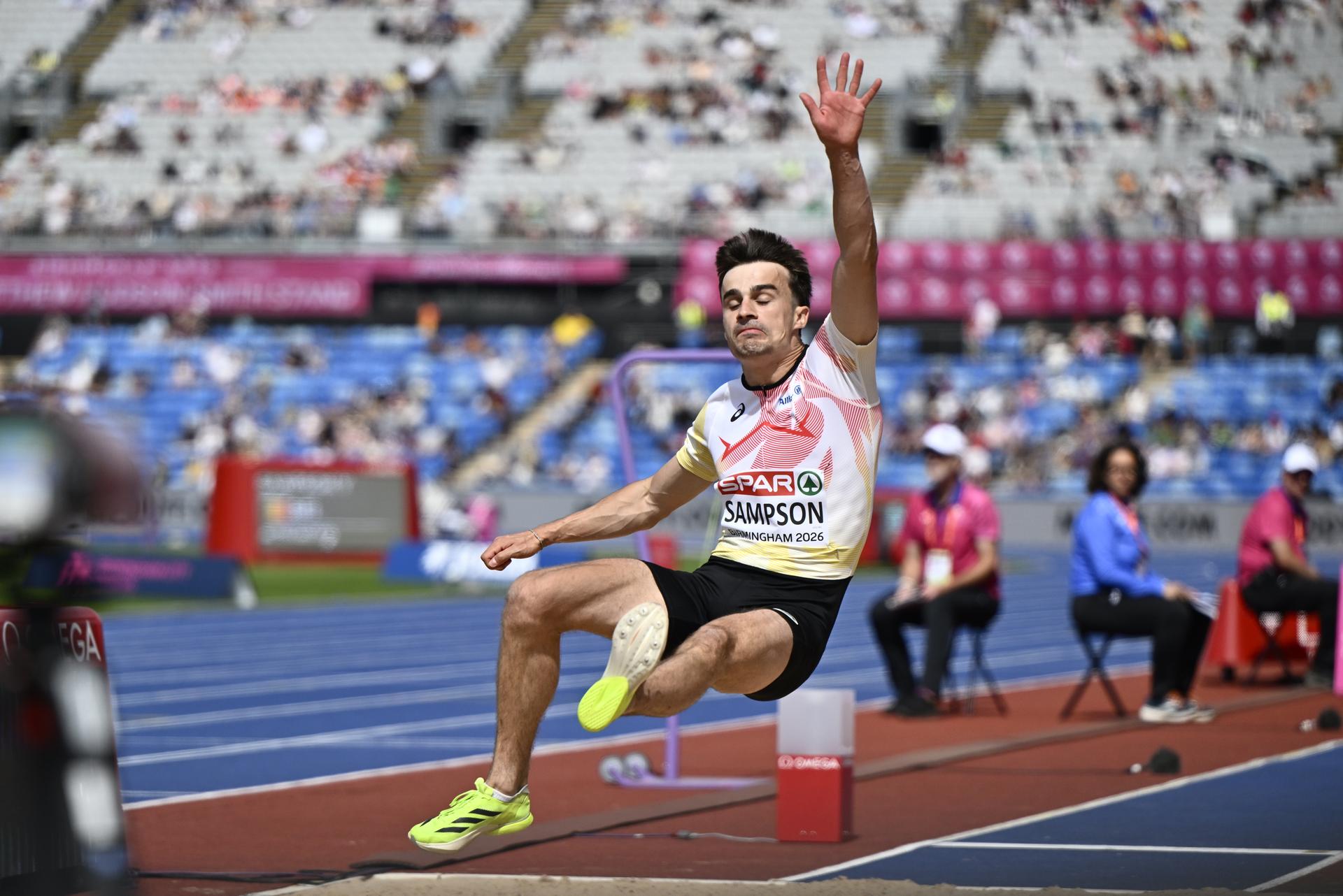 Belgian Yanni Sampson pictured in action during the qualifications of the men's long jump event at the European Athletics Championships (August 10-18) in Birmingham, United Kingdom, on Monday 10 August 2026. BELGA PHOTO ERIC LALMAND