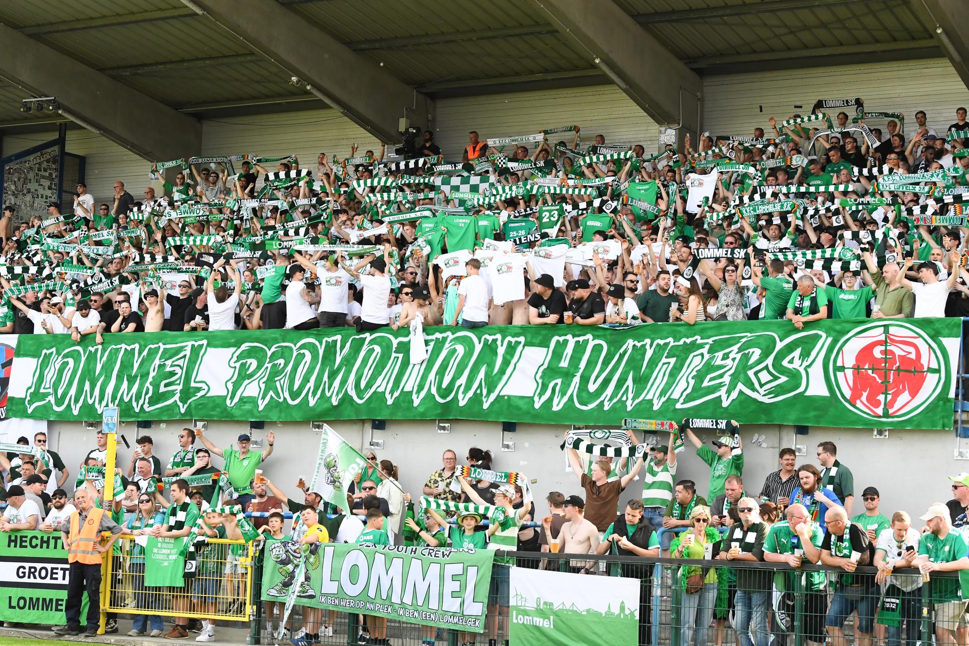 Lommel's supporters pictured before a soccer game between FCV Dender EH and Lommel SK, Saturday 23 May 2026 in Denderleeuw, the return leg of the Final of the Promotion Play-Offs of the 2025-2026 'Challenger Pro League' 1B second division of the Belgian championship. Lommel won the first leg 3-2. BELGA PHOTO JILL DELSAUX