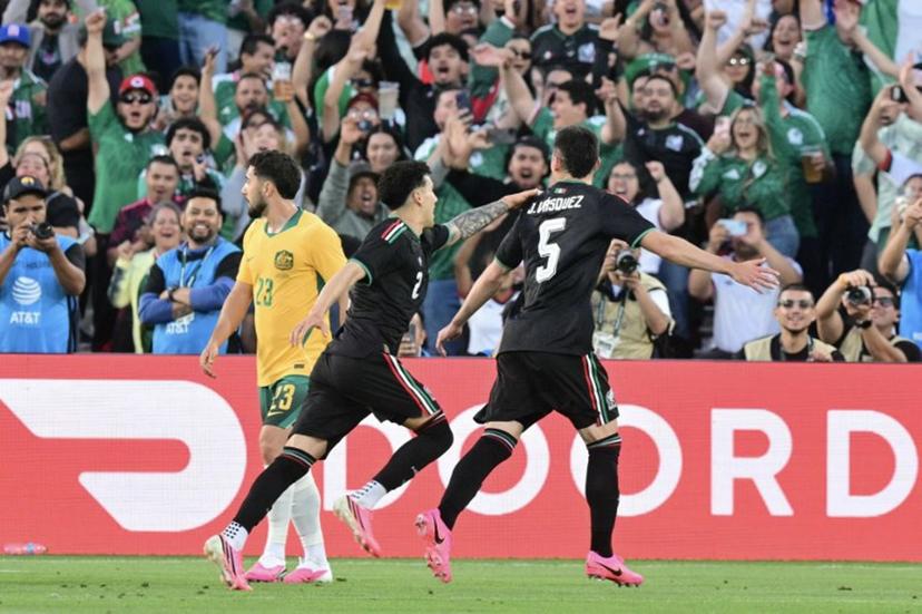 Mexico's defender #05 Johan Vasquez celebrates after scoring a goal during a friendly football match between Mexico and Australia at The Rose Bowl in Pasadena, California, on May 30, 2026.   Frederic J. Brown / AFP