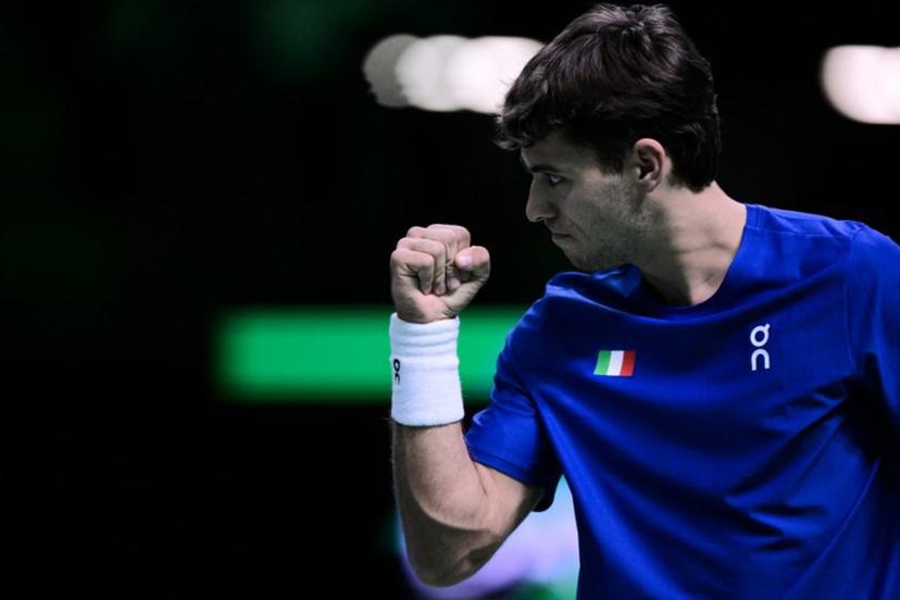 Italy's Flavio Cobolli reacts against Austria's Filip Misolic during their Davis Cup men's singles quarter finals tennis match, at the Super Tennis Arena, in Bologna, northen Italy, on November 19, 2025.  Tiziana FABI / AFP