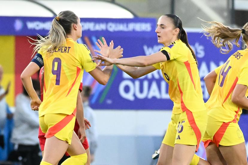 Belgium's Tessa Wullaert celebrates after scoring during a soccer game between Belgium's national women's team the Red Flames and Luxembourg, on Friday 05 June 2026 in Leuven, in the fifth of six games of the qualifiers for the 2027 FIFA Women's World Cup. BELGA PHOTO JILL DELSAUX