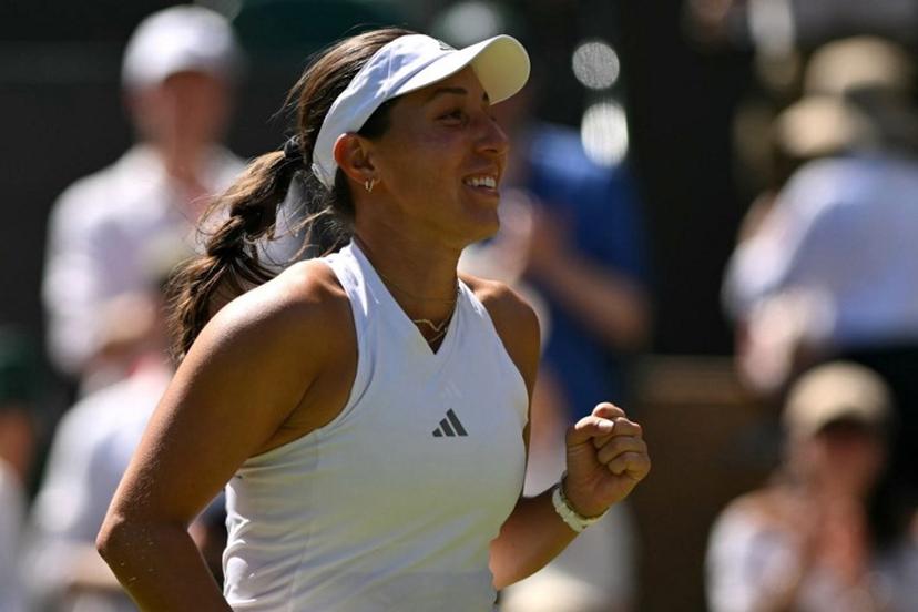 US player Jessica Pegula celebrates winning against US player Iva Jovic during their women's singles round of sixteen tennis match on the seventh day of the 2026 Wimbledon Championships at The All England Lawn Tennis and Croquet Club in Wimbledon, southwest London, on July 5, 2026.  Glyn KIRK / AFP