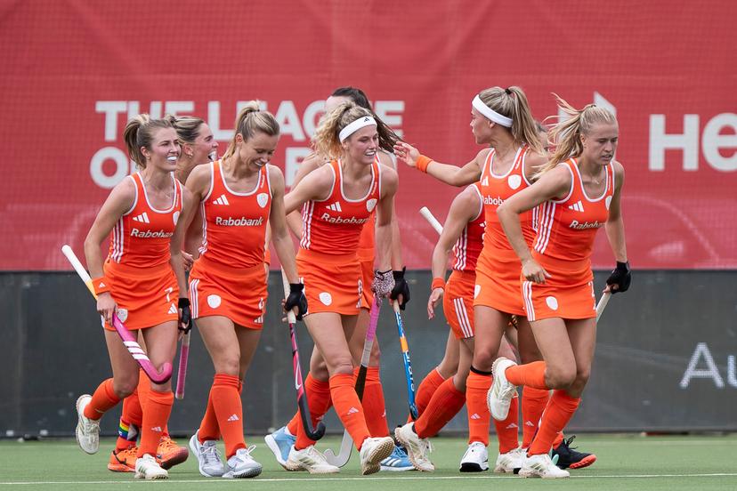 Netherlands' Yibbi Jansen celebrates with teammates after scoring during a hockey game between Belgian national team Red Panthers and The Netherlands, match 15/16 in the group stage of the 2025 women's FIH Pro League, Saturday 28 June 2025 in Antwerp. BELGA PHOTO KRISTOF VAN ACCOM