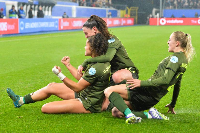 OHL Women's Jada Conijnenberg celebrates after scoring during a soccer match between Oud-Heverlee Leuven Women and Italian AS Roma, Thursday 20 November 2025 in Leuven, game 4 (out of 6) in the league phase of the UEFA Women's Champions League competition. BELGA PHOTO JILL DELSAUX