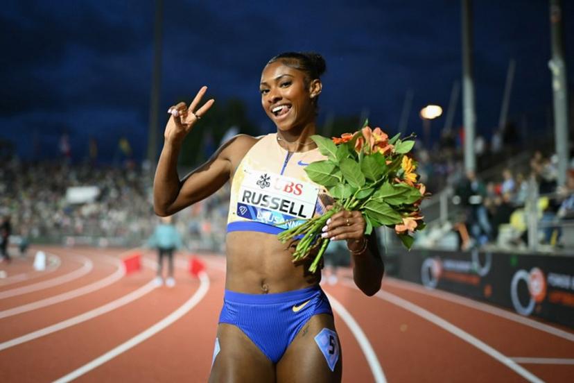 US' Masai Russell celebrates after winning the women's 100m Hurdles final during the World Athletics Diamond League athletics meeting at the Stade Olympique de la Pontaise in Lausanne, on August 21, 2026.  Fabrice COFFRINI / AFP