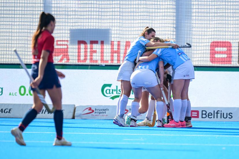 Gantoise's players celebrates after scoring during a hockey game between Gantoise and Dragons, Sunday 24 May 2026 in Wavre, the return leg of the women's Finals of the Belgian first division hockey championship. BELGA PHOTO DAVID PINTENS