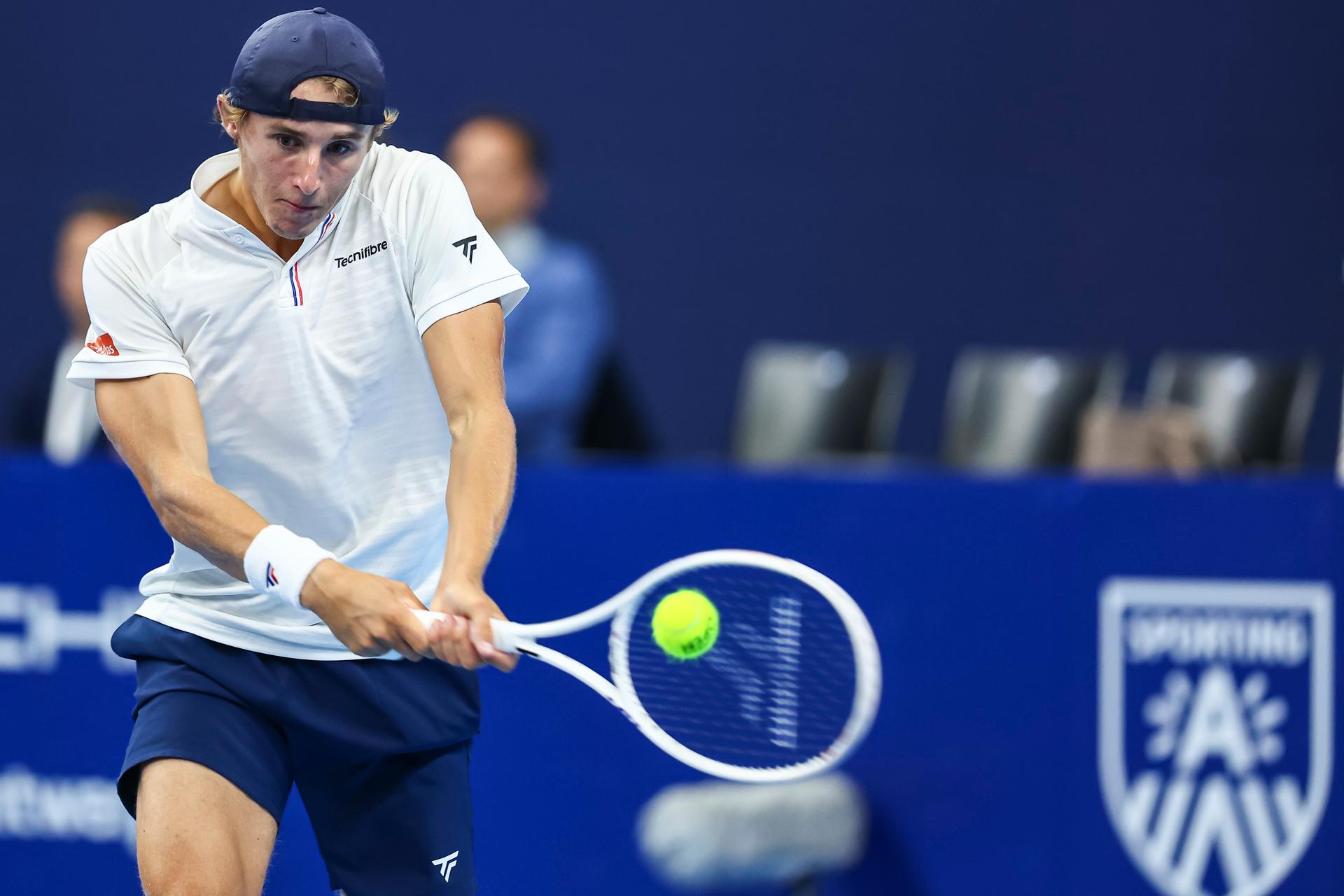 Belgian Emilien Demanet pictured in action during the qualifying phase of the European Open Tennis ATP tournament, in Antwerp, Sunday 13 October 2024. BELGA PHOTO DAVID PINTENS