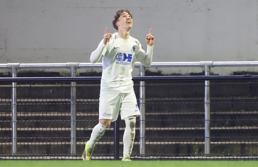 Jong Genk's Jelle Driessen celebrates after scoring during a soccer game between Olympic Charleroi and Jong Genk, Friday 20 March 2026 in Charleroi, on day 31 (out of 34) of the 2025-2026 'Challenger Pro League' 1B second division of the Belgian championship. BELGA PHOTO VIRGINIE LEFOUR