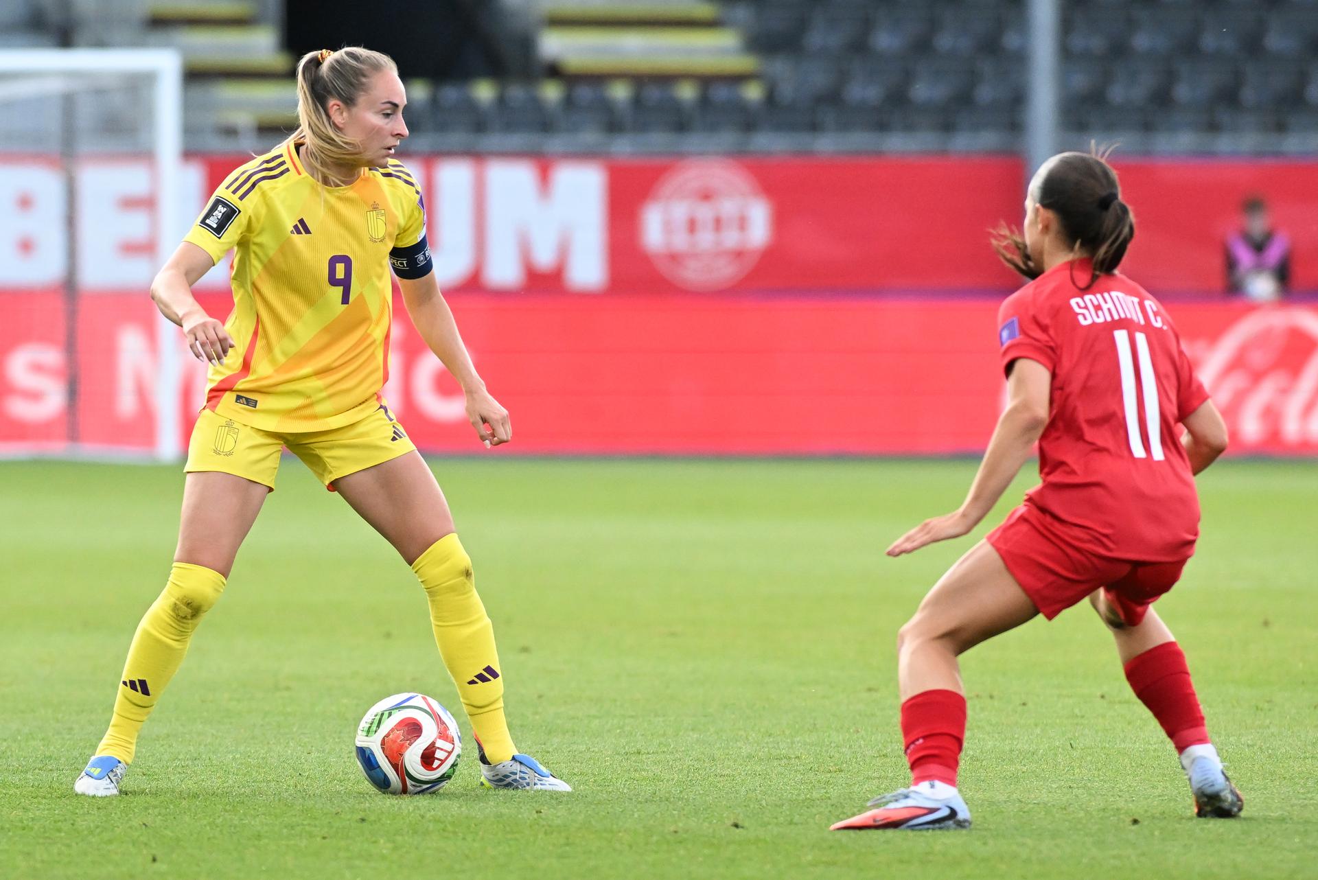 Belgium's Tessa Wullaert and Luxembourgish Charlotte Schmit pictured in action during a soccer game between Belgium's national women's team the Red Flames and Luxembourg, on Friday 05 June 2026 in Leuven, in the fifth of six games of the qualifiers for the 2027 FIFA Women's World Cup. BELGA PHOTO JILL DELSAUX