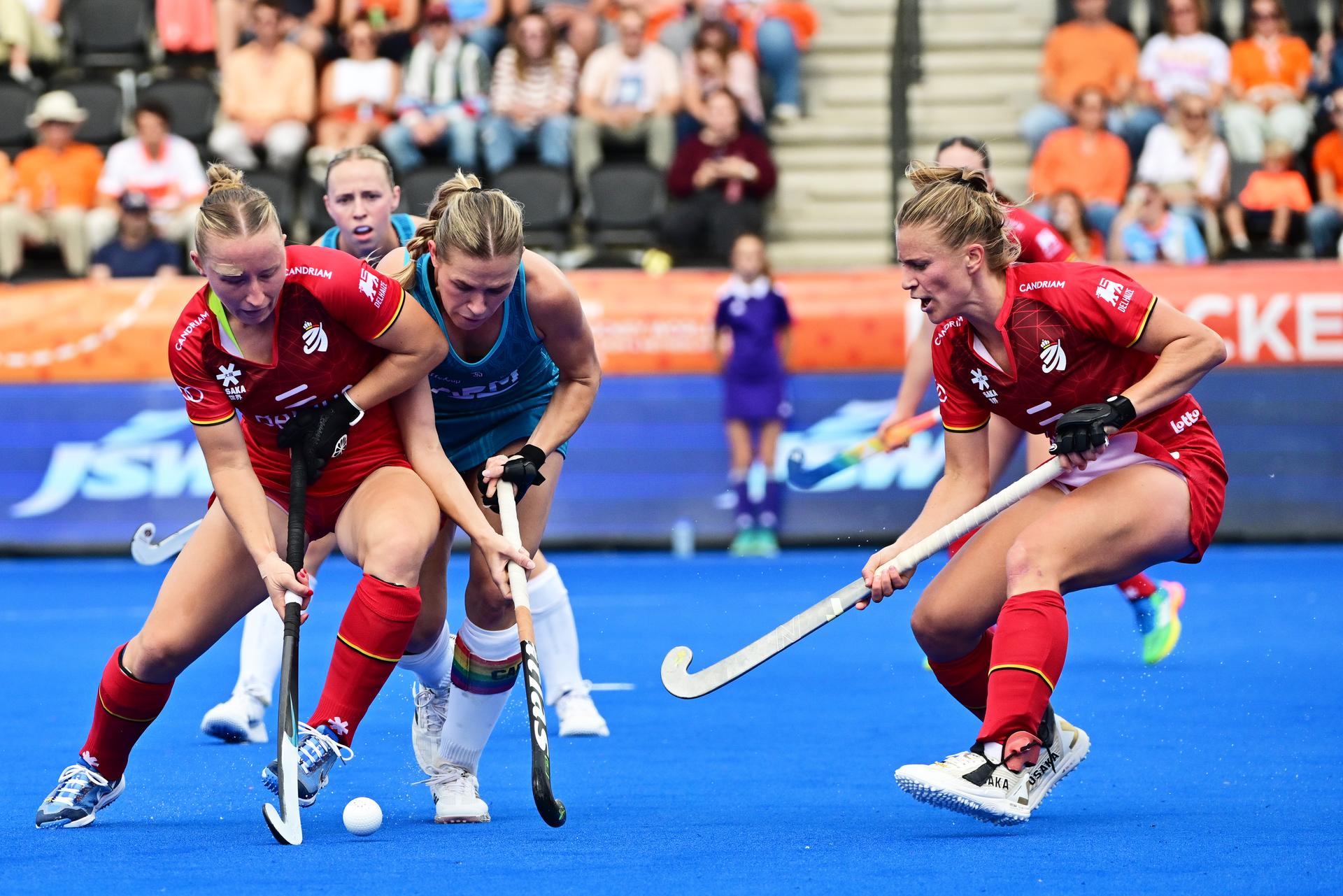 Belgium's Charlotte Englebert and Belgium's Alix Gerniers are pictured in action during a field hockey game between Belgian national team Red Panthers and Australië, at the women's 2026 Hockey World Cup, on Saturday 29 August 2026 in Amsterdam. The 2026 edition of the Hockey World Cup takes place in Belgium and The Netherlands from August 15 to August 30. BELGA PHOTO DIRK WAEM
