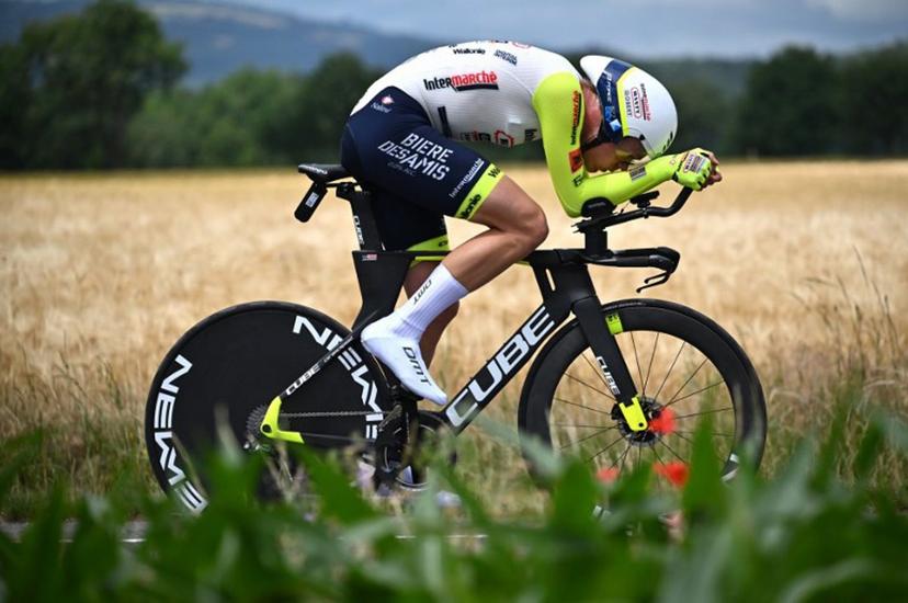 Intermarche-Wanty-Gobert Materiaux team's Danish rider Julius Johansen rides during the fourth stage of the 74th edition of the Criterium du Dauphine individual time trial cycling race, 31.9 km between Montbrison and La Batie d'Urfe, central eastern France, on June 8, 2022.  Marco BERTORELLO / AFP