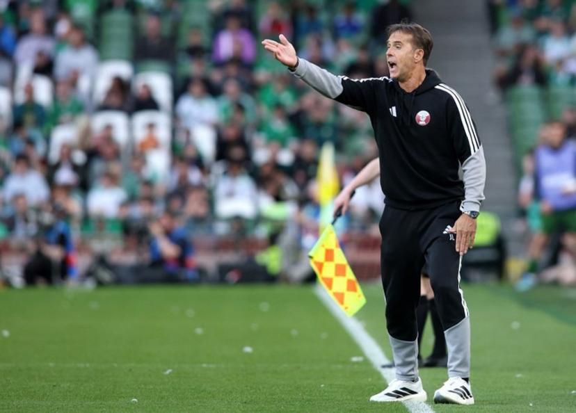 Qatar's Spanish Manager Julen Lopetegui reacts during the international friendly football match between the Republic of Ireland and Qatar, at the Aviva Stadium in Dublin, Ireland on May 28, 2026.  Paul Faith / AFP