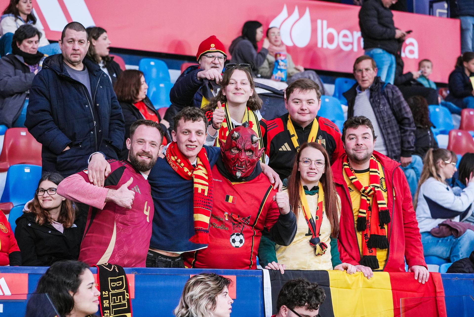 Belgian fans and supporters pictured during a soccer game between Belgium's national team the Red Flames and Spain, in Valencia, Spain Friday 21 February 2025, on the first matchday in group A3 of the 2024-25 Women's Nations League Competition. BELGA PHOTO JOMA GARCIA I GISBERT