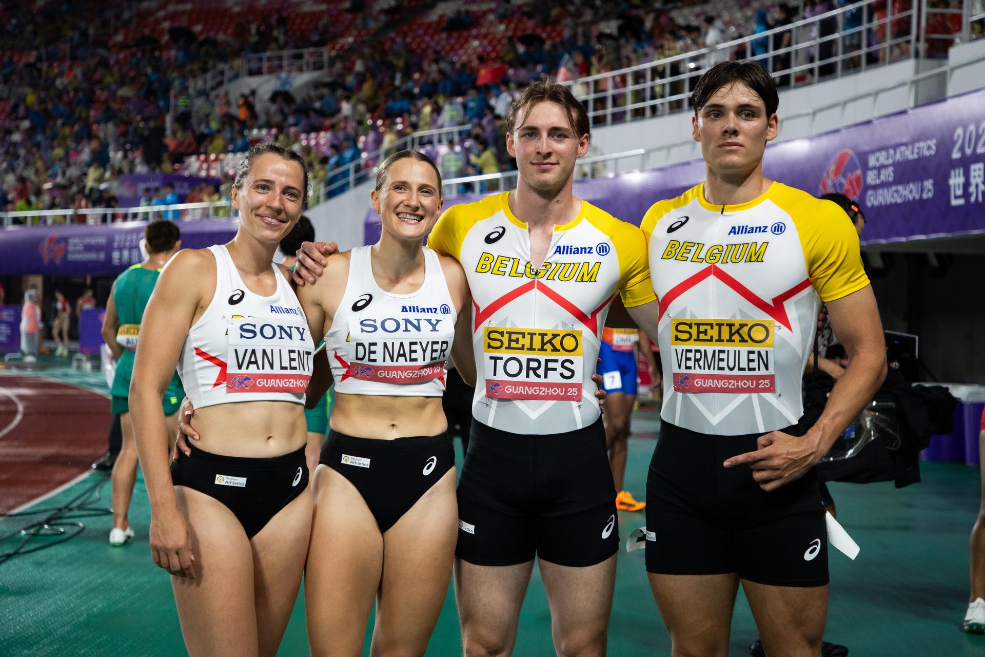 Belgian athletes Lotte Van Lent, Janie De Naeyer, Robbe Torfs and Rendel Vermeulen pictured after the mixed 4x100m relay heats, at the world relay championships, on Saturday 10 May 2025 in Guangzhou, China. The world relay championships in Guangzhou take place from 10 to 11 May. BELGA PHOTO NIKOLA KRSTIC