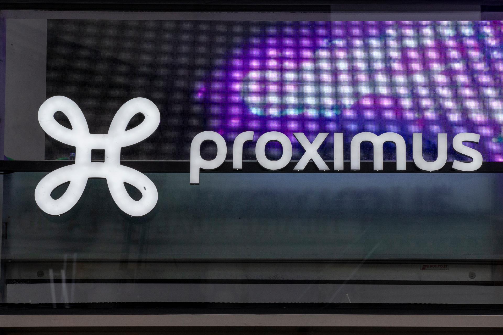 Illustration picture shows the logo of Proximus on a shop in the Monnaie - Munt neighborhood in Brussels city center, Saturday 18 February 2023. BELGA PHOTO NICOLAS MAETERLINCK